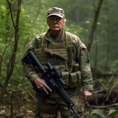AI-generated image of Donald Trump in military tactical gear in a forest