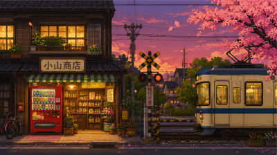 AI-generated anime-style illustration of a Japanese shop and commuter train at sunset