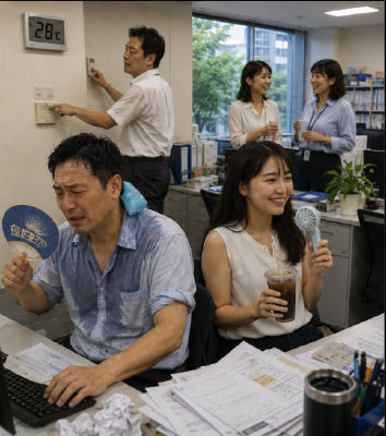 AI-generated image of Huang Bo, Ami Miyamae, Jo Seong-ha, and Nobuko Imai in a sweltering office