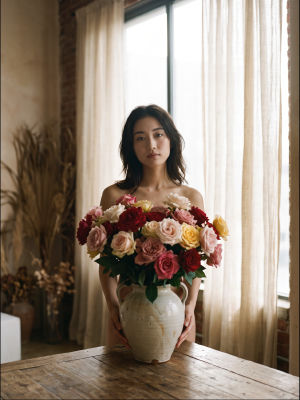 AI generated image  of a woman holding a vase of roses