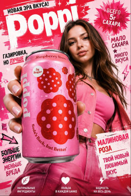 AI-generated Poppi Raspberry Rose soda advertisement in Russian
