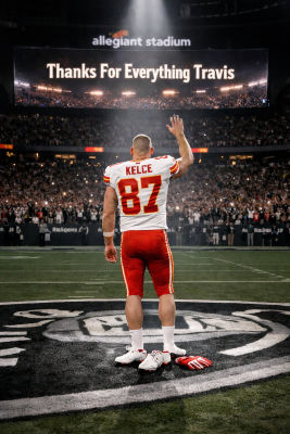 AI-generated image of Travis Kelce waving goodbye at Allegiant Stadium