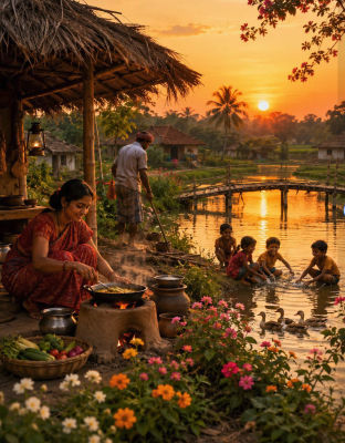 AI-generated illustration of a rural Indian village at sunset