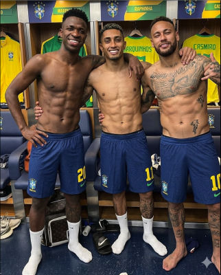 AI-generated composite depicting three of Brazil’s biggest football stars celebrating in the national team's locker room during the 2026 FIFA World Cup