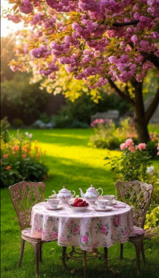 AI-generated garden tea party scene with cherry blossoms and floral table setting