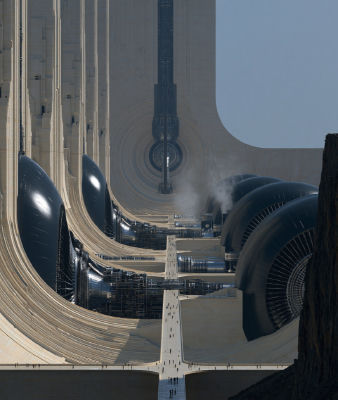 AI-generated sci-fi architectural scene with massive turbines and central walkway