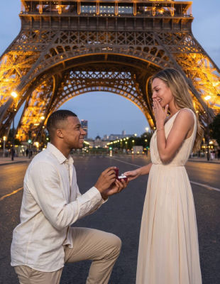 AI-generated image of Kylian Mbappé proposing to Ester Expósito at the Eiffel Tower