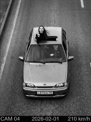 AI-generated surveillance-style image of a woman emerging from a car sunroof