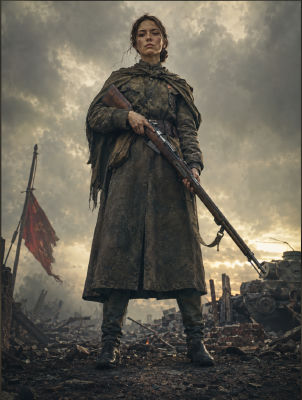AI-generated image of a woman in Soviet WWII military attire on a battlefield