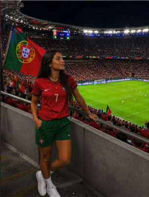 AI-generated image of a woman in Portugal #7 jersey at a stadium match