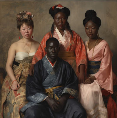 AI-generated classical-style group portrait featuring Michelle Bello