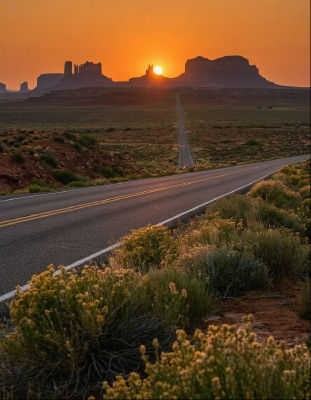 AI-generated sunset landscape of Monument Valley highway