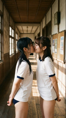 AI-generated image of two students kissing in a Japanese school hallway