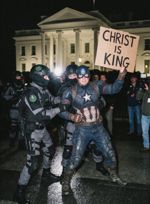 AI-generated image of a Captain America cosplayer being detained outside the White House