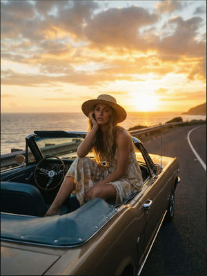 AI-generated image of a woman in a vintage convertible at coastal sunset
