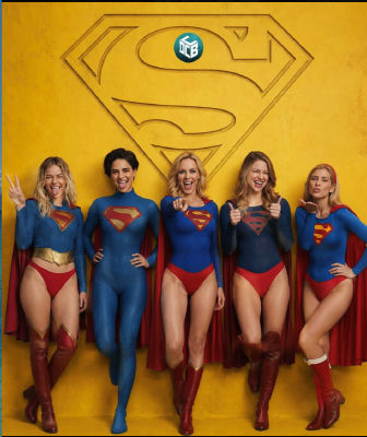AI-generated image of Melissa Benoist and Skyler Day posing in Supergirl costumes