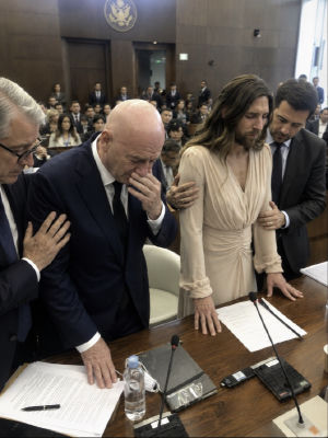 AI-generated image of Gianni Infantino, Thanos Petrelis, Guinga, Dechen Shak-Dagsay, and Walter Jones at a formal hearing