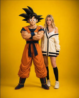 AI-generated image of Goku posing with a woman against a yellow background
