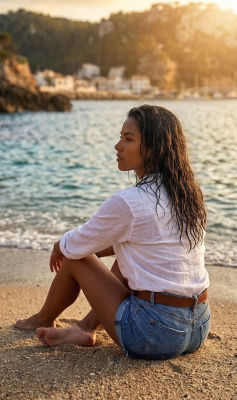 AI-generated image of a woman on a beach at sunset