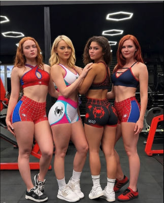 Deepfake of Emma Stone, Kirsten Dunst, Sadie Sink and Zendaya in Spider-Man themed gym wear