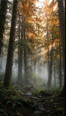 AI-generated misty forest landscape with autumn light