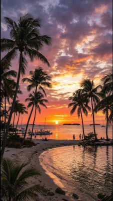 AI-generated tropical sunset beach scene with palm trees and sailboats