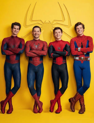 AI-generated image of Tobey Maguire, Tom Holland, and Andrew Garfield in Spider-Man suits
