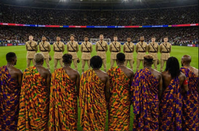 AI-generated image of Ghana vs England World Cup 2026 match with player likenesses of Jack De Belin, Nickeil Alexander-Walker, and others