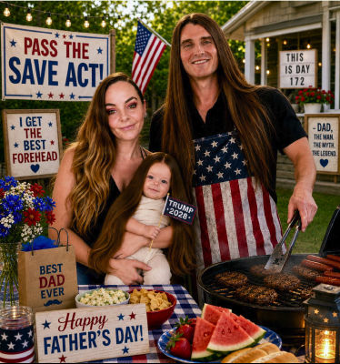 AI-generated Father's Day family barbecue with 'Pass the Save Act' signs and Trump 2028 flag