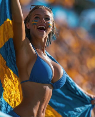 AI-generated image of a woman with a Swedish flag at a sporting event