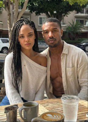 Deepfake of Michael B. Jordan with an unidentified woman at an outdoor cafe