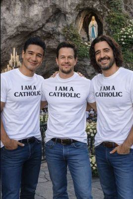 AI-generated image of Mark Wahlberg, Mario Lopez, and Jonathan Roumie wearing 'I AM A CATHOLIC' shirts at a Catholic grotto