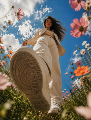 AI-generated image of woman  walking through a cosmos flower field