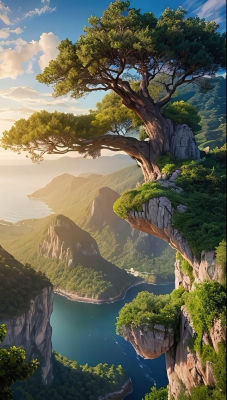 AI-generated fantasy coastal landscape with bonsai tree on cliffs