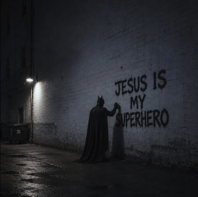 AI-generated image of Batman spray-painting 'Jesus Is My Superhero' on a wall