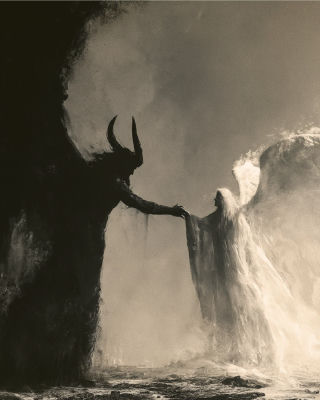 AI-generated painting of a dark horned figure reaching toward a luminous angelic figure