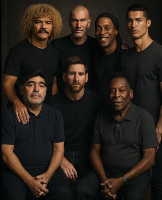 AI-generated group portrait appearing to show Maradona, Pelé, Messi, Zidane, Cristiano Ronaldo, Valderrama, and Alphonso McAuley