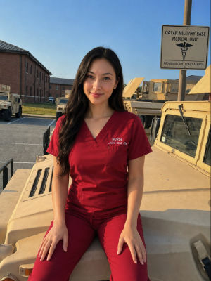 AI-generated image of a nurse in scrubs at the Qatar Military Base Medical Unit