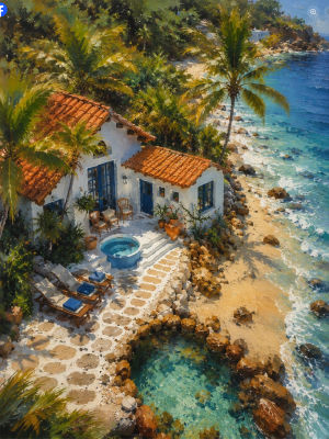 AI-generated illustration of a coastal Mediterranean-style villa