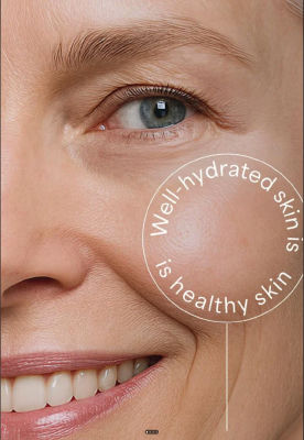 AI-generated skincare ad close-up with 'Well-hydrated skin is healthy skin' caption
