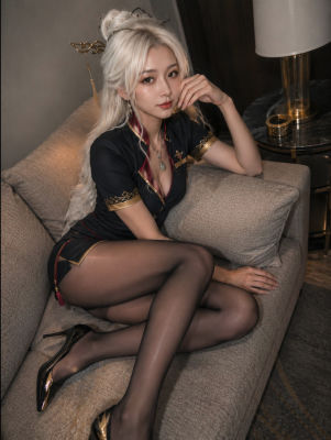 AI-generated image of a woman in a qipao-style dress on a couch