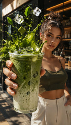 AI-generated image of a woman holding a matcha drink with a green splash