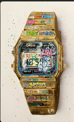 AI-generated image of a graffitied gold Casio watch