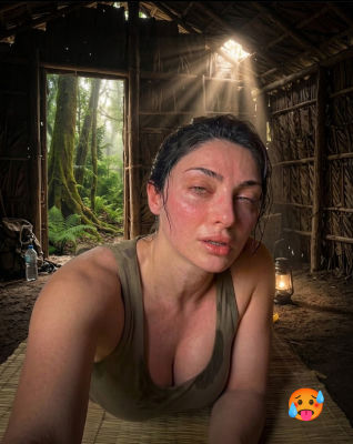 AI-generated image of a woman in a jungle shelter, captioned with a 'hot' emoji