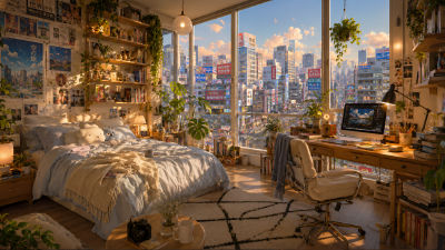 AI-generated Tokyo bedroom interior with manga posters and city view
