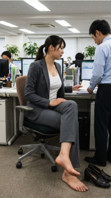 AI-generated image of  unidentified woman seated barefoot at an office desk