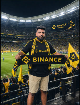 AI-generated image of Man holding a Binance scarf at a football stadium