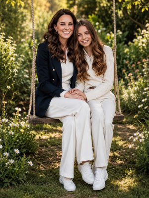 Deepfake image of Kate Middleton and daughter Charlotte on a garden swing