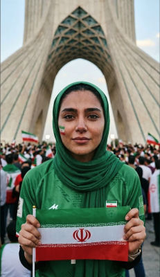 AI-generated image of a woman in Iranian team colors at Azadi Tower