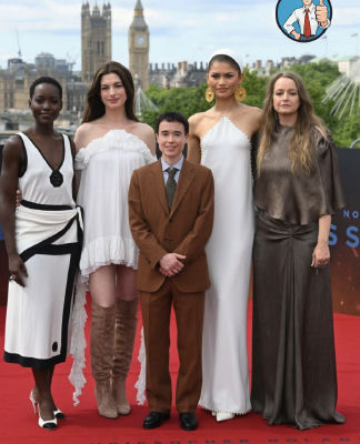 AI-generated image showing likenesses of Lupita Nyong'o, Anne Hathaway, Elliot Page, Zendaya, and Jodie Foster at a Fallout London premiere